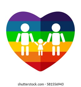 Rainbow heart and gay couple with child isolated on white background. LGBT pride symbol. Design element for flyers and banners.