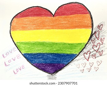 Rainbow heart hand drawn with chalk pecil,in cartoon character