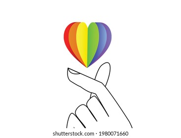 Rainbow heart with hand love vector isolated in white background.Love is love LGBTQ+ on pride month concept.