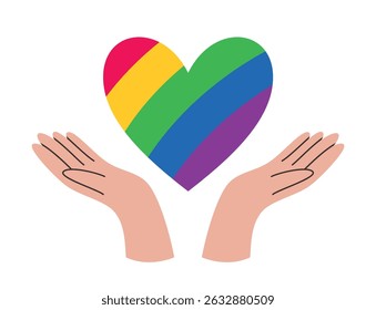 Rainbow heart in human hands. LGBTQ symbol for June pride month. Vector illustration for an annual event on a white background