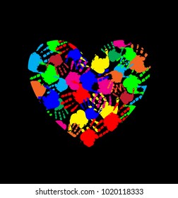 Rainbow heart icon made of multicolored hand prints isolated on black background. Vector illustration, logo, clip art. Symbol of childhood, multicultural friendship, love, kindness, piece in the world