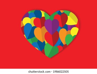 Rainbow heart icon vector on red background.Colorful of LGBTQ+ color set on pride month concept.