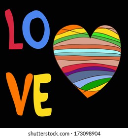 Rainbow heart with the inscription love for congratulations on Valentine's Day, the design of the site, business cards, invitations