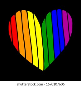 Rainbow heart isolated on black background. Gay pride symbol. LGBT community symbol. Design element for Valentines cards, t shirts or etc.