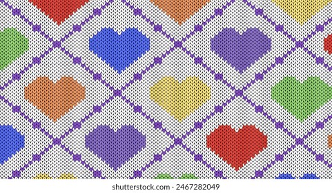 Rainbow heart knitted pattern, Pride month knitted design, Festive Sweater Design. Seamless Knitted Pattern, Christmas concept.