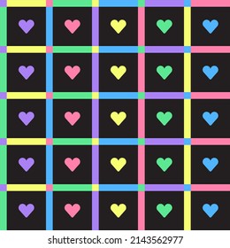 Rainbow Heart Love Neon Pastel Scott Plaid Tartan Checkered Line Overlap Intersect Gingham Pattern Black Background Pattern Square Background Vector Cartoon Illustration Tablecloth Picnic mat 