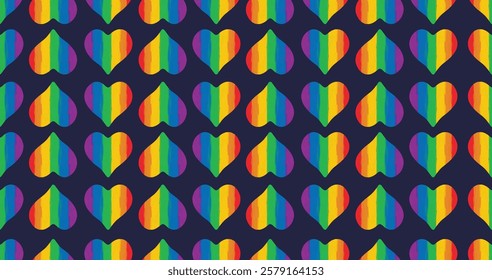 Rainbow heart love Pride Month background seamless pattern. LGBTQ Tolerance. Colorful wrapping present gift paper. Multicolor LGBT. Seamless pattern LGBTQ+ geometric wallpaper design.