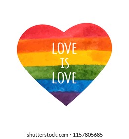 Rainbow heart. Love is love - pride slogan. LGBT heart. Hand painted rainbow. Tolerance day card. Vector illustration.