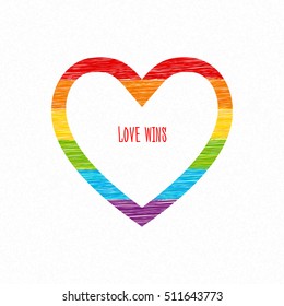 Rainbow heart with love wins inscription. Sketch pencil drawing. Vector doodles. LGBT flag, symbol of peace, gay culture. Valentine's Day card.