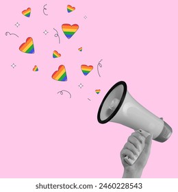 Rainbow heart megaphone with colorful sound waves represents the LGBTQ community, freedom and acceptance against pink background. Contemporary art. LGBT, equality, pride month, support, love, concept