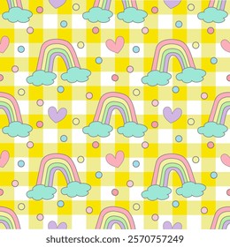 Rainbow with heart polka dot on yellow gingham. Vector.