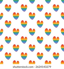 Patrón sin fisuras del orgullo del corazón del arco iris. Orgullo feliz de fondo minimalista. Ilustración vectorial de diseño plano dibujado a mano.