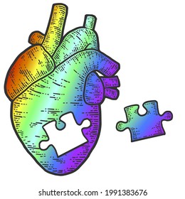Rainbow heart puzzle. Sketch scratch board imitation color.