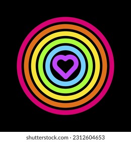 Rainbow-Herz strahlend Licht mit neonenfarbenen, leuchtend gefühlten Spitzen auf dunkelschwarzem Hintergrund. LGBT-Party-Symbol für das Design der Karte oder Einladung. Illuminiertes Vektorsymbol einzeln auf schwarzem Hintergrund