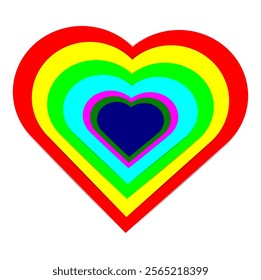Rainbow heart, red, yellow, green, blue, pink, with white background