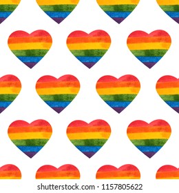 Rainbow heart seamless pattern. LGBT hearts. Hand painted rainbow. Tolerance day card. Vector illustration.