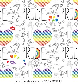 Rainbow heart Seamless Pattern with white background.