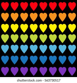 Rainbow heart set. Gay flag color. Seamless Pattern. Wrapping paper, textile template. Lgbt sign symbol. Black background. Isolated. Flat design. Vector illustration