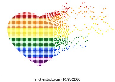 Rainbow heart shape of flying colorful dots on white (transparent) background. Colors of LGBT pride flag, symbol of lesbian, gay, bisexual, transgender, and questioning (LGBTQ). Vector illustration.