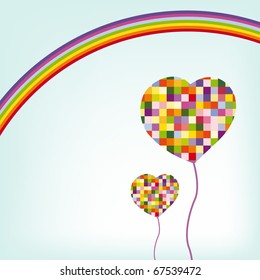 Rainbow heart shape hot air balloon in the sky. Vector