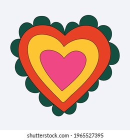 rainbow heart shape. Romantic valentine greeting card in 60s and 70s hippie style for valentine's day. Bizarre funky summer sticker. Isolated tattoo template. Childish quirky hand drawn style