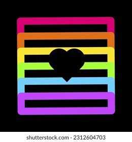 Rainbow heart in square frame with neon bright felt tip pens on dark black backdrop. LGBT party icon for design of card or invitation. Illuminated vector symbol isolated on black background