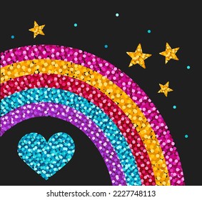 Arcoiris con corazón y estrellas. Elementos gráficos para la postal de invitación y saludo. Afiche o cartel para el sitio web. Formas geométricas brillantes, joyas y diamantes. Dibujo vectorial plano de dibujos animados