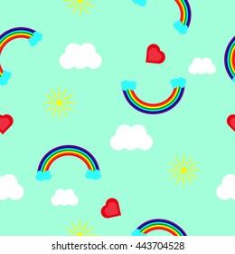 Rainbow, heart, sun and clouds on a blue background in a random order. Rainbow pattern for seamless background.
