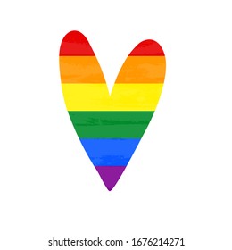 Rainbow heart symbol of LGBT community, love and pride. Gay, lesbian, bisexual support vector design for a t-shirt iron on, print or sticker with an isolated brush texture overlay and stripes.