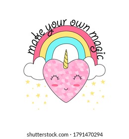 Rainbow  and heart vector illustration for t-shirt design with slogan. Vector illustration design for fashion fabrics, textile graphics, prints.