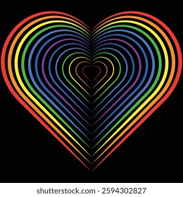 Rainbow heart, vibrant, multi-colored heart design, symbolizing love, diversity and inclusion. Its concentric layers create a visual impact.