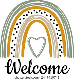 Rainbow and Heart Welcome Poster for Baby Shower Invite.  Greeting Invitation Card for Childrens Birthday Party. Vector Paper Illustration. Whimsical Rainbow and Heart Welcome Card for Boy or Girl.