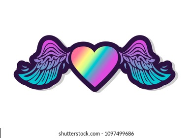 Rainbow Heart with Wings as logo, sticker, patch, badge, icon. Design element for Love You card, St Valentin's day, lgbt community, gay pride concept. Vector illustration.