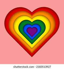 Rainbow heart.Heart shape with rainbow-colored pride flag. 3D paper cut design.Vector illustration of the LGBT community
