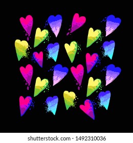 Rainbow hearts card. Vintage 80s party background. Vector memphis style, fashion 90s design. Multicolor gradient on black.