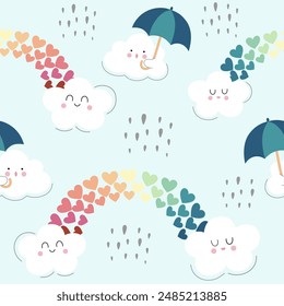 corazones arcoiris , nubes sostienen paraguas y llueve en el cielo patrón sin fisuras , Ilustración vectorial 