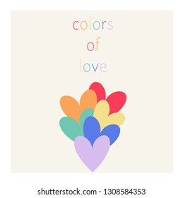 Rainbow hearts with a Colors of Love script. Isolated vector on neutral background. Design element for greeting cards - Vector