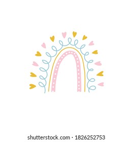 Rainbow hearts and curls, lines and dots form a color vector illustration. Baby theme in gentle color isolated on white background. A rainbow will decorate a postcard, cover, print, etc.