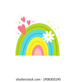 Rainbow with hearts and flower. Cute hand drawn vector illustration.