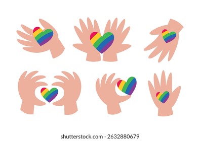 Rainbow hearts in hands. LGBTQ symbol for June pride month. Vector illustrations collection for an annual celebration of gender diversity