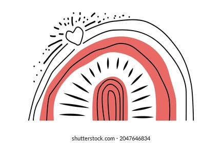 Rainbow with hearts in a modern style. Boho, abstract minimalism. Wall decor. Design elements for book cover, page template, print, card, brochure, magazine, poster. Vector
