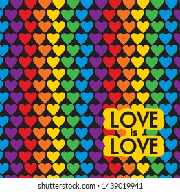 Rainbow hearts on color background.  with the phrase love is love. Gay symbol