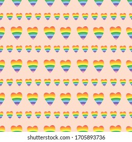 Rainbow hearts on pink background. Pattern for fabric, wrapping, textile, wallpaper, apparel, background. Vector illustration
