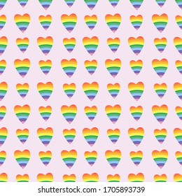 Rainbow hearts on pink background. Pattern for fabric, wrapping, textile, wallpaper, apparel, background. Vector illustration