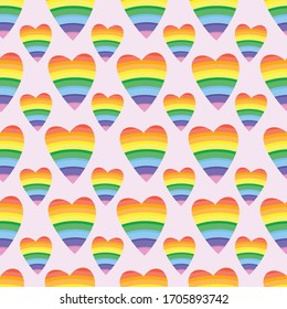Regenbogenherzen auf rosafarbenem Hintergrund. Muster für Stoff, Umhüllung, Textilien, Tapete, Kleidung, Hintergrund. Vektorillustration