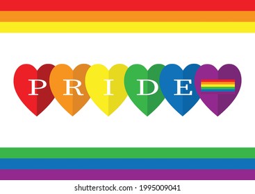 Rainbow hearts paper cut and pride text vector.Illustration color set of LGBTQ+ flag on pride month concept.