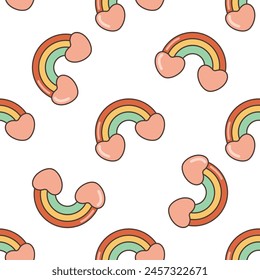 Rainbow with hearts seamless pattern. Illustration in cartoon style. 70s retro clipart vector design.