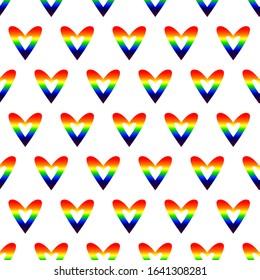 Rainbow hearts seamless pattern. LGBT, equal rights, justice, tolerance, pride, CSD, freedom, love symbol. Valentine's Day, romance, marriage, wedding, engagement symbol. Vector illustration
