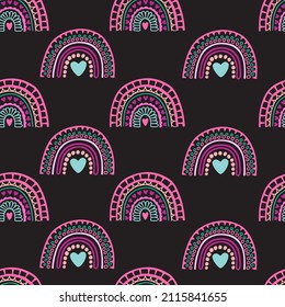 Arcoiris con corazones sin costura. Diseño de ornamentos repetidos para tela, envoltura, fondo, papel pintado, embalaje, textil.