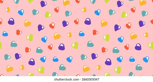 Rainbow hearts, seamless pattern for valentine's day lgbt, cartoon style, cute festive romantic background